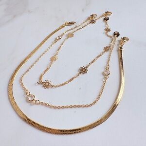 Vintage Avon 3pc Gold Anklet Set NIB Floral Crystal Flat Chain Summer Jewelry